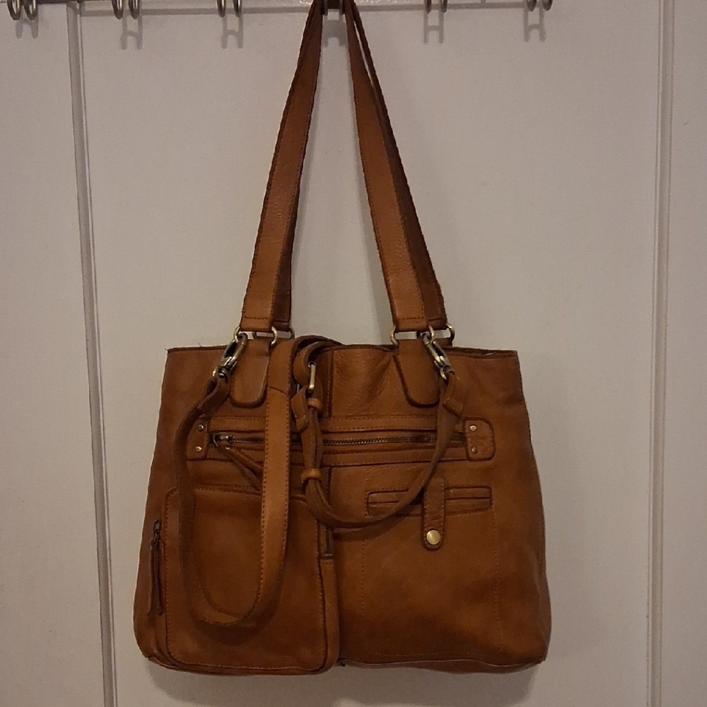 Marta Ponti Soft Cognac Brown Leather East West Tote Shoulder Crossbody Bag L